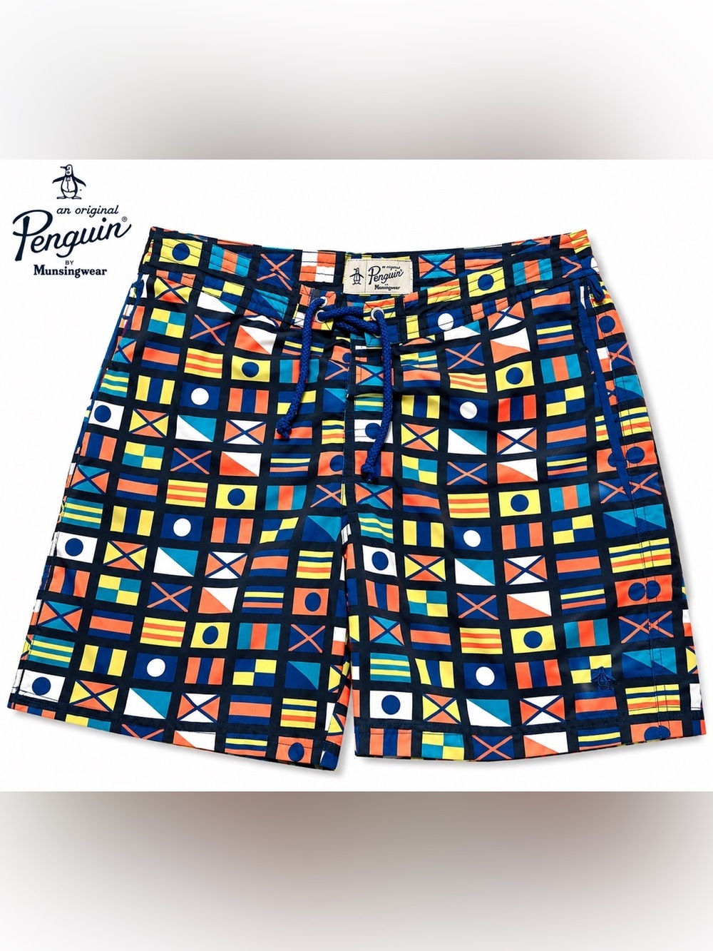Original Penguin Swim Trunks with Nautical Signal Print - Blue, Red, Yellow